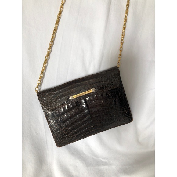 1960s dark brown alligator skin leather Clutch Mini shoulder Bag goldchain